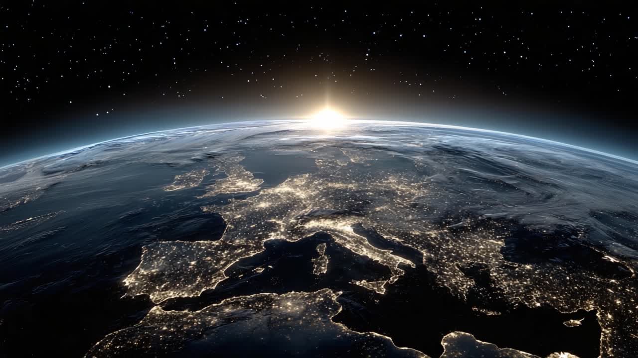 Een Majestueus Uitzicht op de Aarde: Het Vastleggen van de Overgang van Nacht naar Dag terwijl de Zon Opkomt Boven Europa, het Landschap Verlichtend Onder een Sterrenhemel.