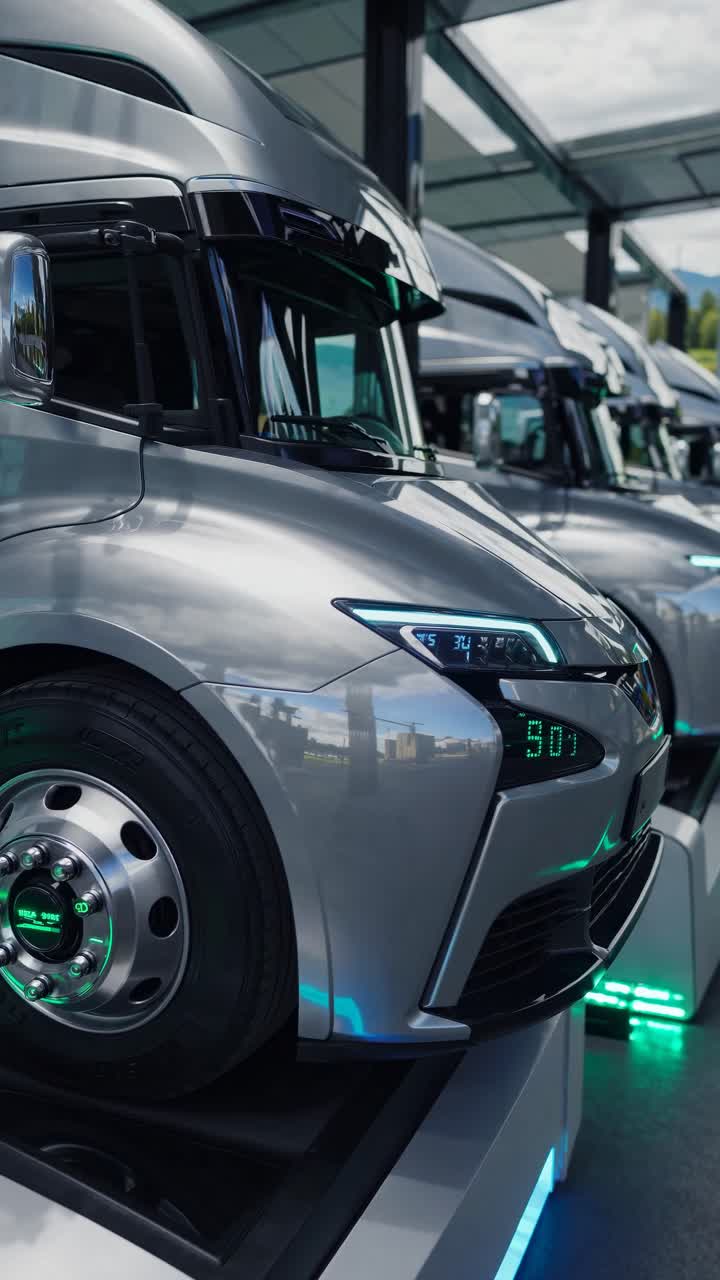 Ripresa dal basso di camion futuristici in fila, che evidenzia un design elegante e innovazione.