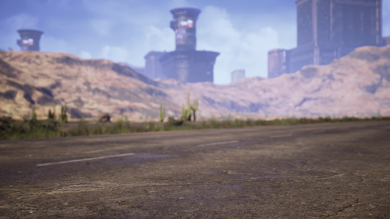 Distant ruins peeking through arid landscape with mountains in the background