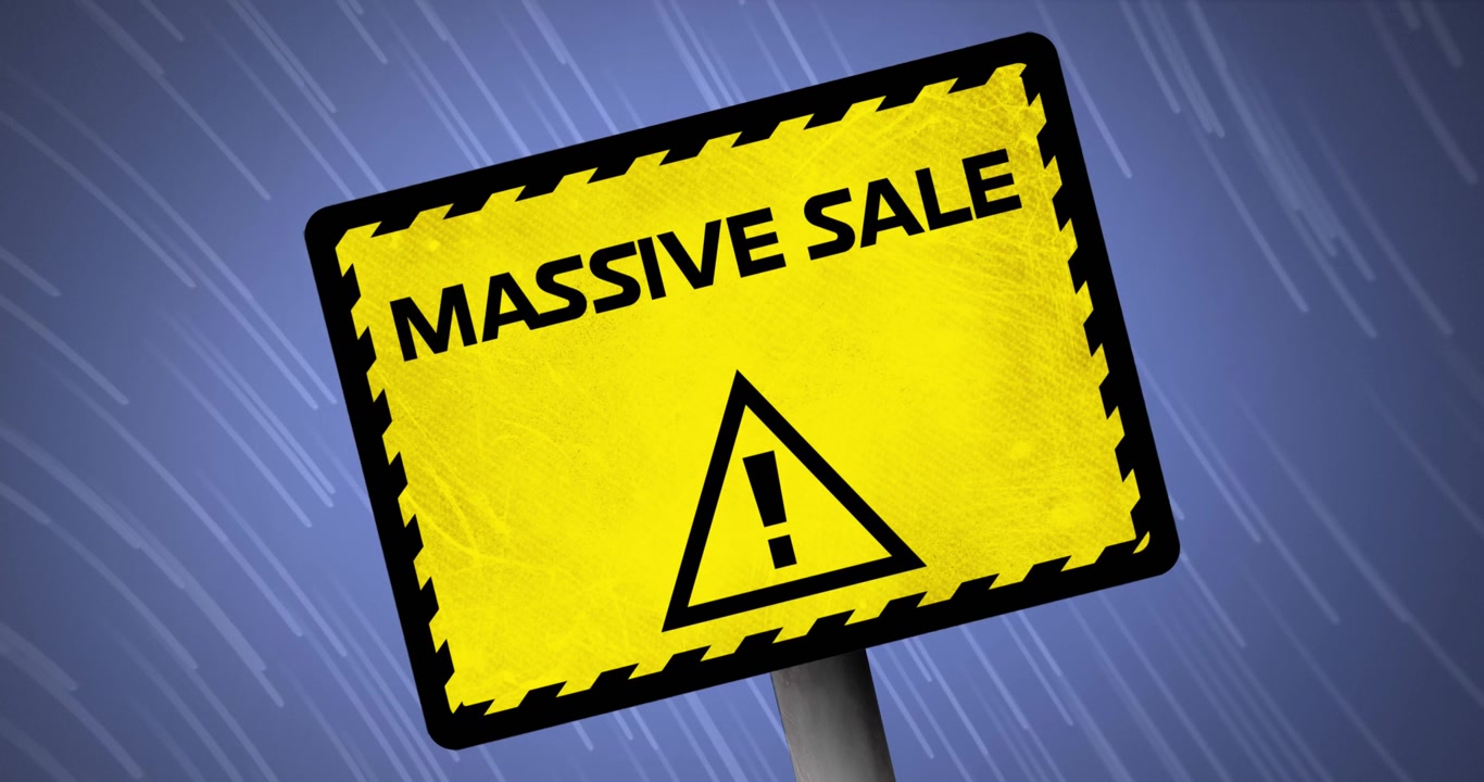 Animation of massive sale on sign over blue background with lines