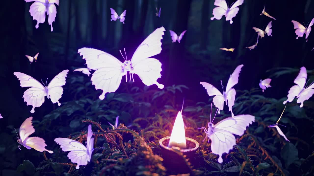 Una scena video mistica con farfalle luminose attorno a una candela in una foresta.