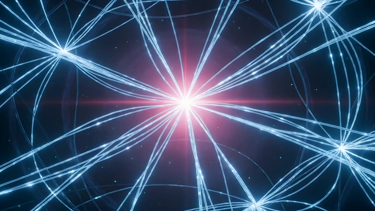 Pulsing central pink core and blue filaments sending energy to peripheral nodes inside curved grid