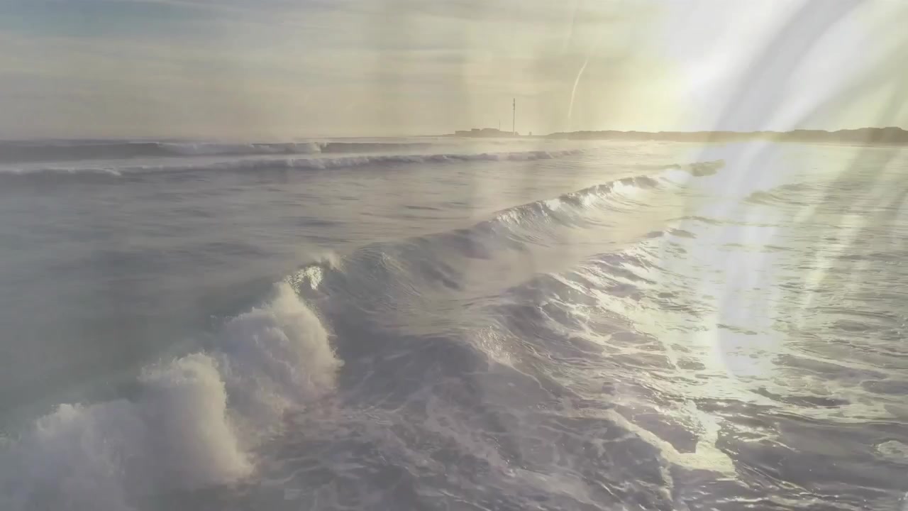 3D render showing wave crest rolling toward viewer, sunlight sparkling across water with lens flare