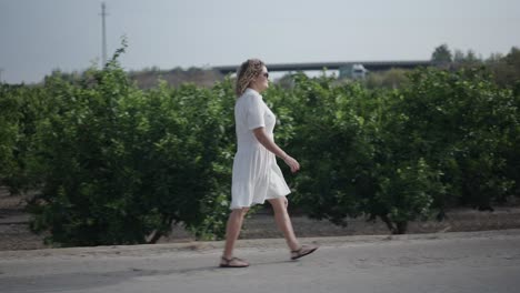 woman walking in an orange orchard