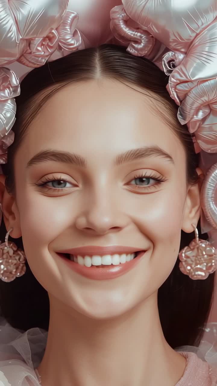 Video verticale: modello che passa da un'espressione neutra a un sorriso in studio con copricapo rosa