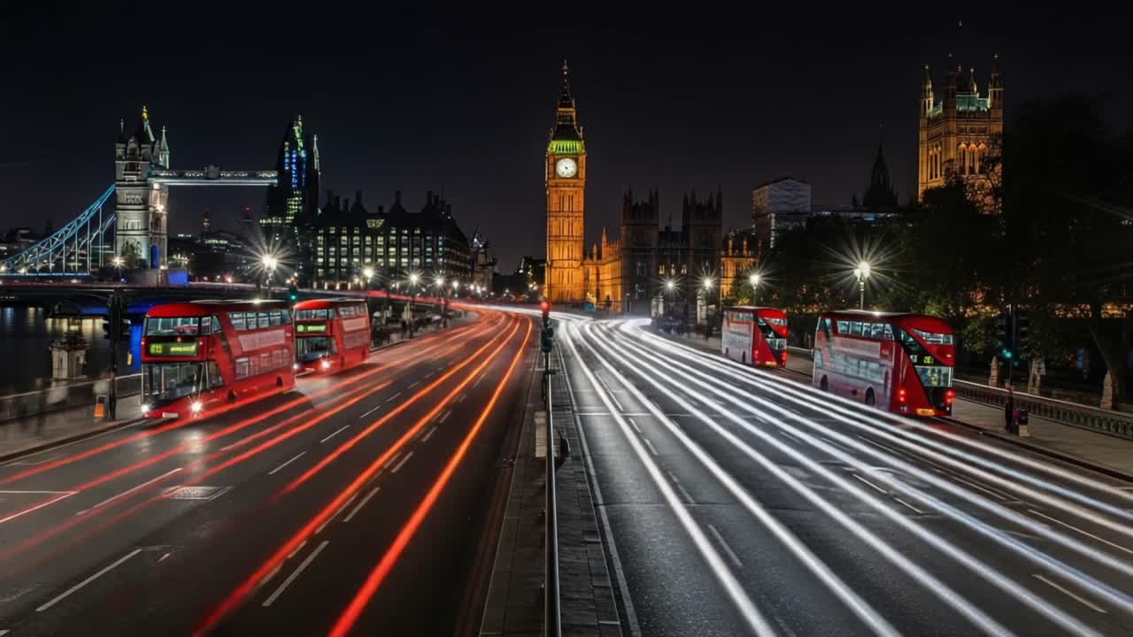 A Stunning Nighttime View of Iconic City Landmarks Featuring Buses and Towering Structures Illuminated Against a Starry Sky