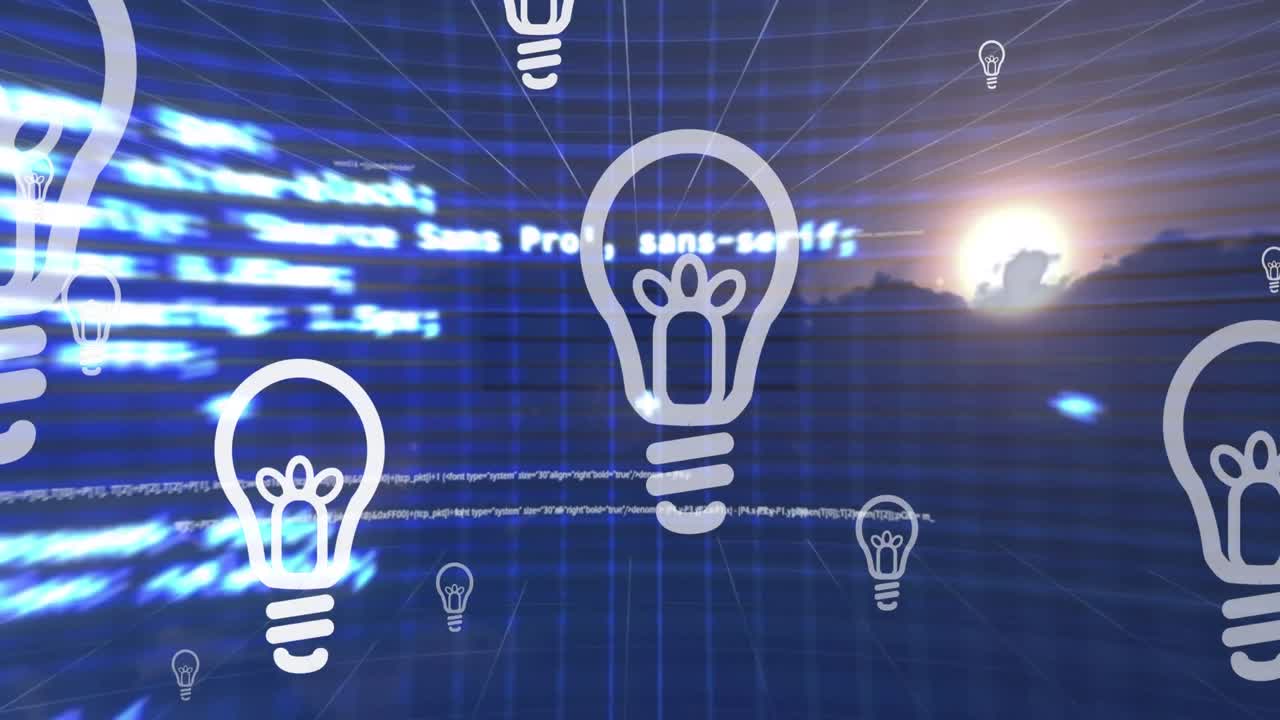 밝은 파란색 배경 위에 움직이는 화면에서 데이터 처리에 떠 있는 전구의 애니메이션