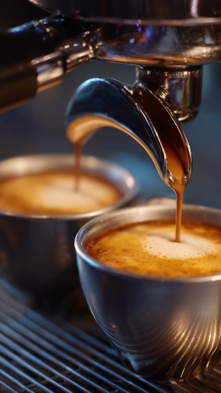 La perfezione della preparazione: uno sguardo ravvicinato al processo di estrazione dell'espresso da una macchina da caffè, con caffè ricco e aromatico che scorre nelle tazze.