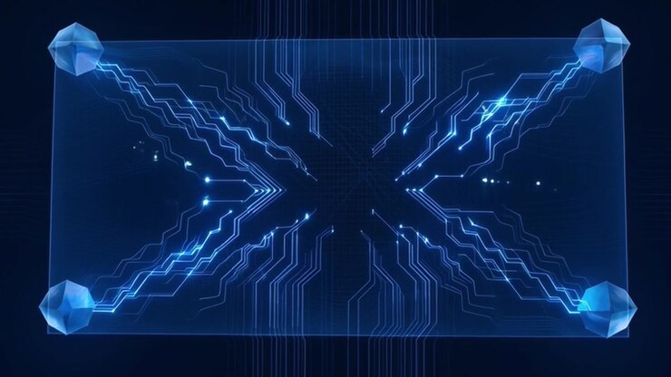 Interfaccia di circuito stampato digitale con nodi geometrici luminosi