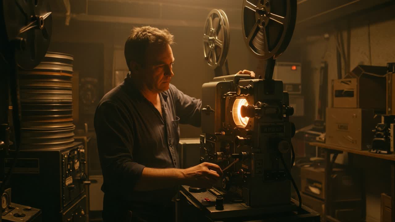 A Cinematic Journey: A Technician Operates a Vintage Film Projector in a Dimly Lit Retro Film Archive, Showcasing the Art of Classic Film Projection and Preservation Techniques