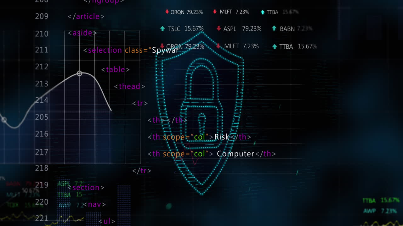 Animation of digital shield with padlock over data processing on black background
