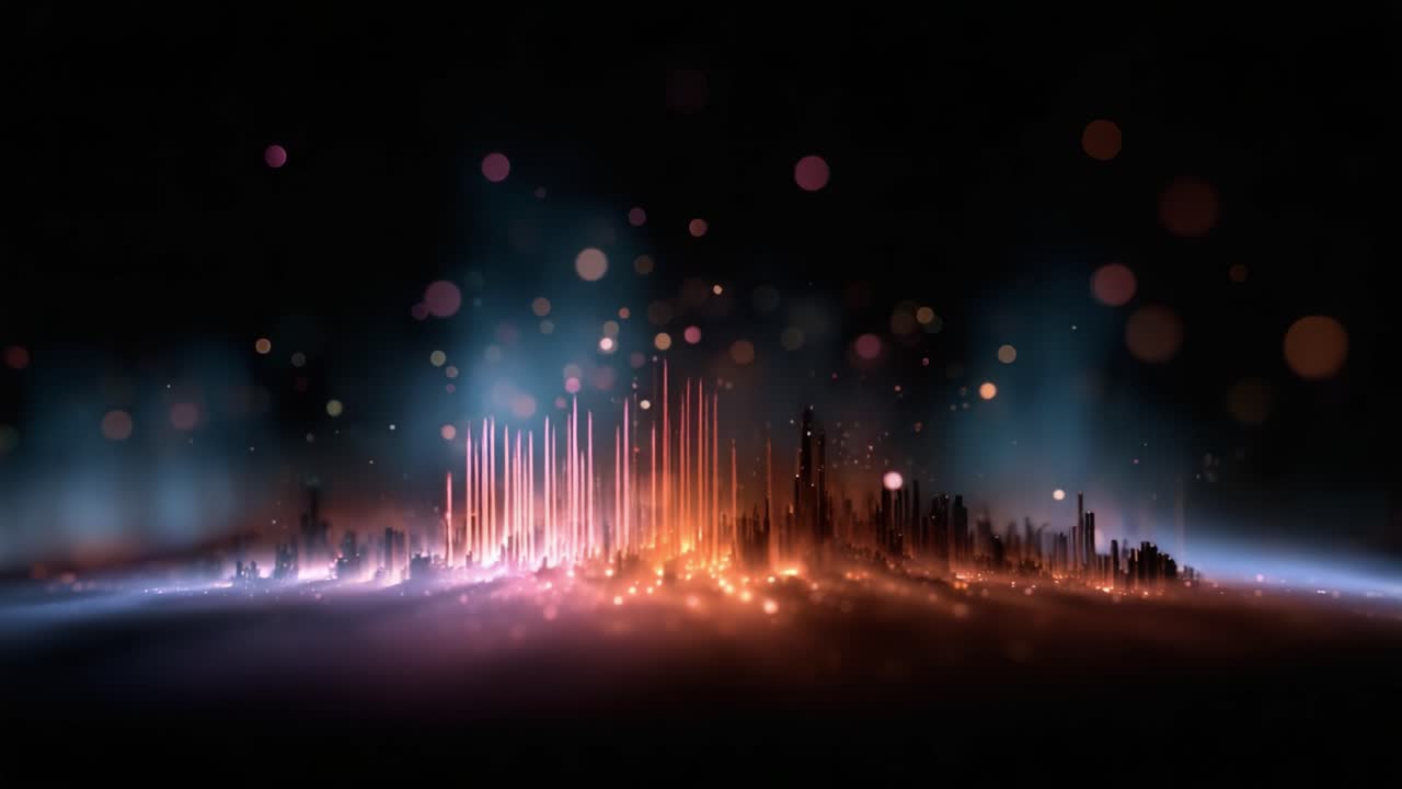Una vivace rappresentazione astratta di onde sonore e particelle di luce che creano una visualizzazione dinamica dell'energia in movimento