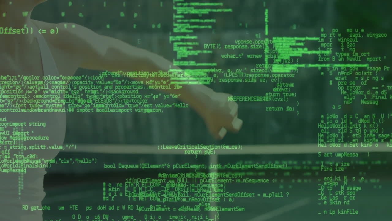 female runner jogging along metal railing during tech shoot, featuring floating green code overlay