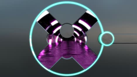la escotilla metálica con luces de neón abre una vista panorámica a la escena del paisaje alienígena. fondo abstracto 3d de corredor de ciencia ficción. tecnología futurista vj para títulos tecnológicos y fondo.