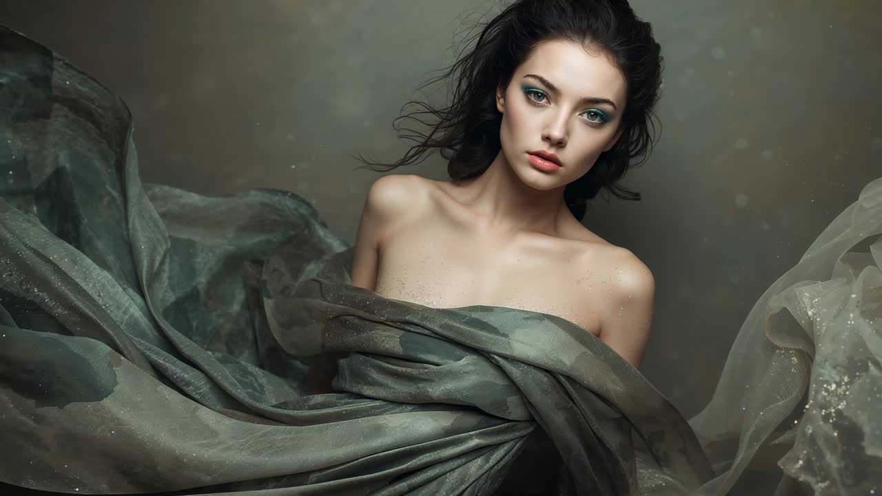 Billowing model holding gaze for portrait shoot while off-camera fan animating green wrap and veil