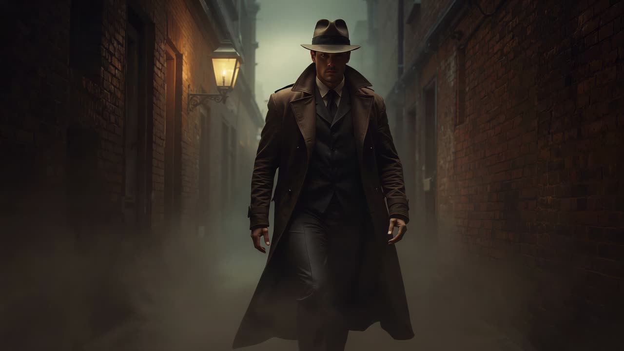 Appearing at far end, walking man approaching in fog-filled alley, making noir entry in fedora