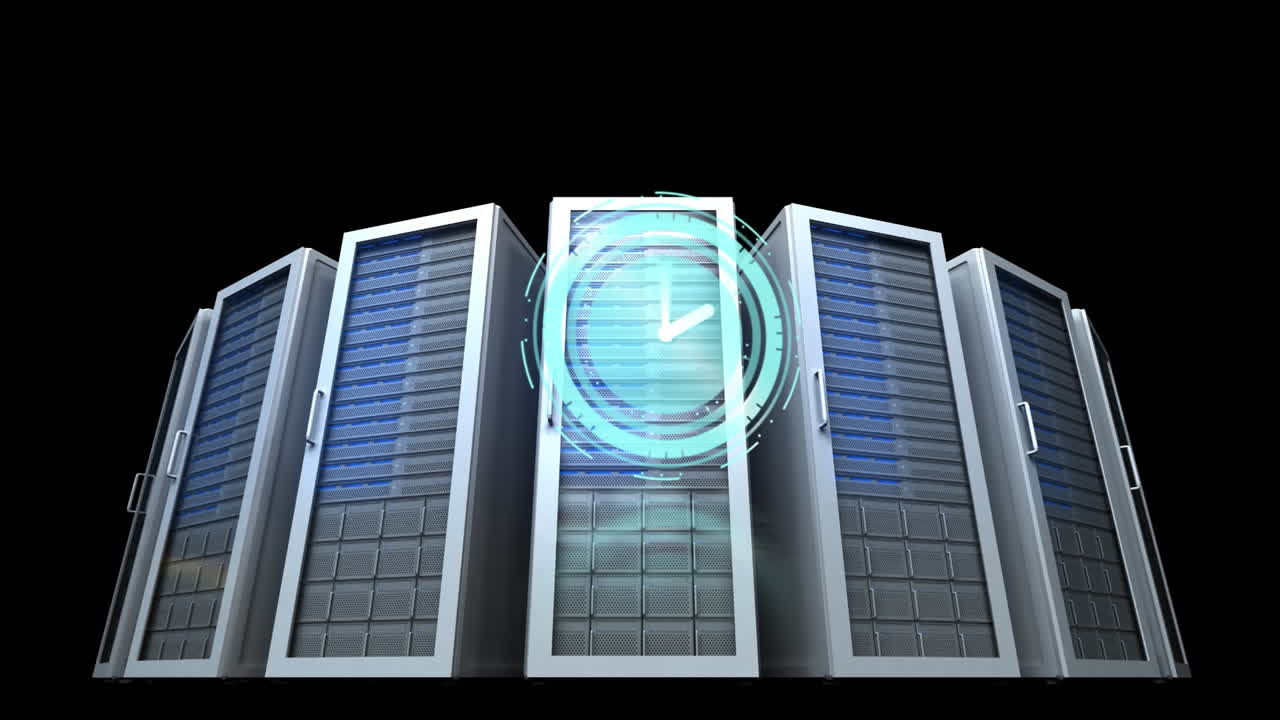 Animation of clock moving fast over computer servers