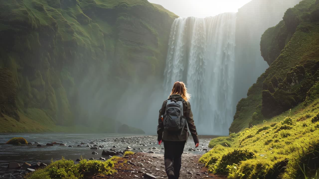 Rear view of a woman with backpack hiking along a rocky riverbank toward a tall waterfall in a misty green canyon, outdoor adventure travel and nature tourism