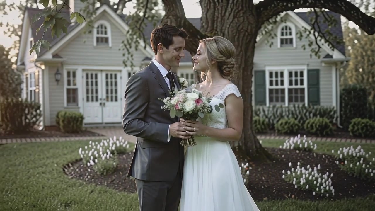 Posing bride and groom in gown, suit with bouquet at front yard, flare causing groom glance