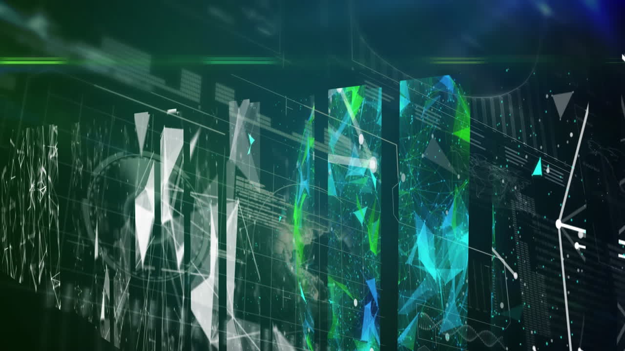 animación de gráficos, datos e información que se mueven a través de múltiples pantallas