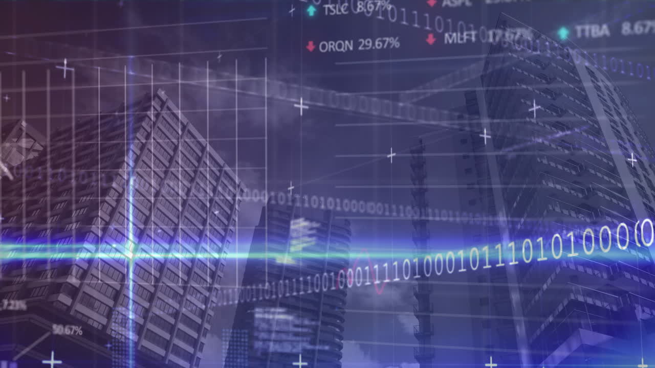 현대적인 사무실 건물에서 금융 데이터 처리와 바이너리 코딩의 애니메이션