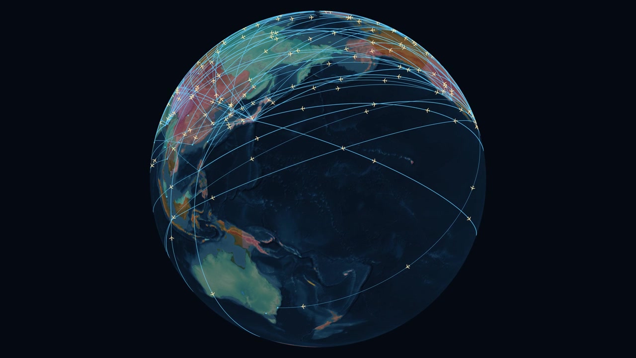 Global air traffic network with airplanes flying around a rotating planet earth