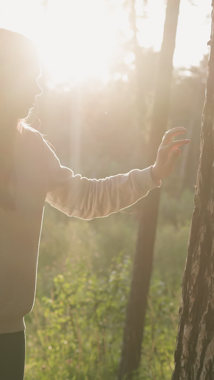은 날에 나무 줄기를 만지는 여자, 해가 지는 동안 야생동물에 대한 사랑과 존중, 긴 느슨한 머리카락을 가진 여자는 고 우울한 느낌으로 신선한 공중에 고 있습니다.