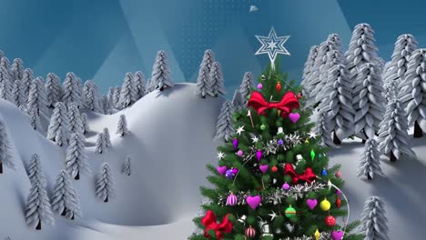 Animation-of-winter-land-scape-and-christmas-decoration-over-blue-geometrical-shapes
