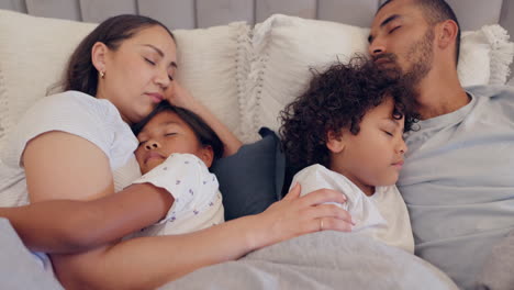 Top-view,-sleep-and-family-in-a-bed-with-love