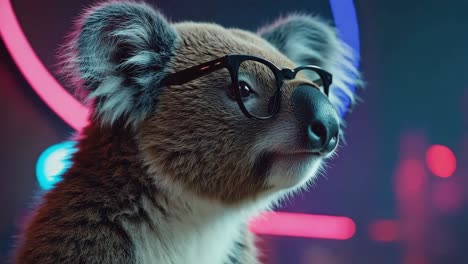 a koala wearing glasses in a neon-lit setting