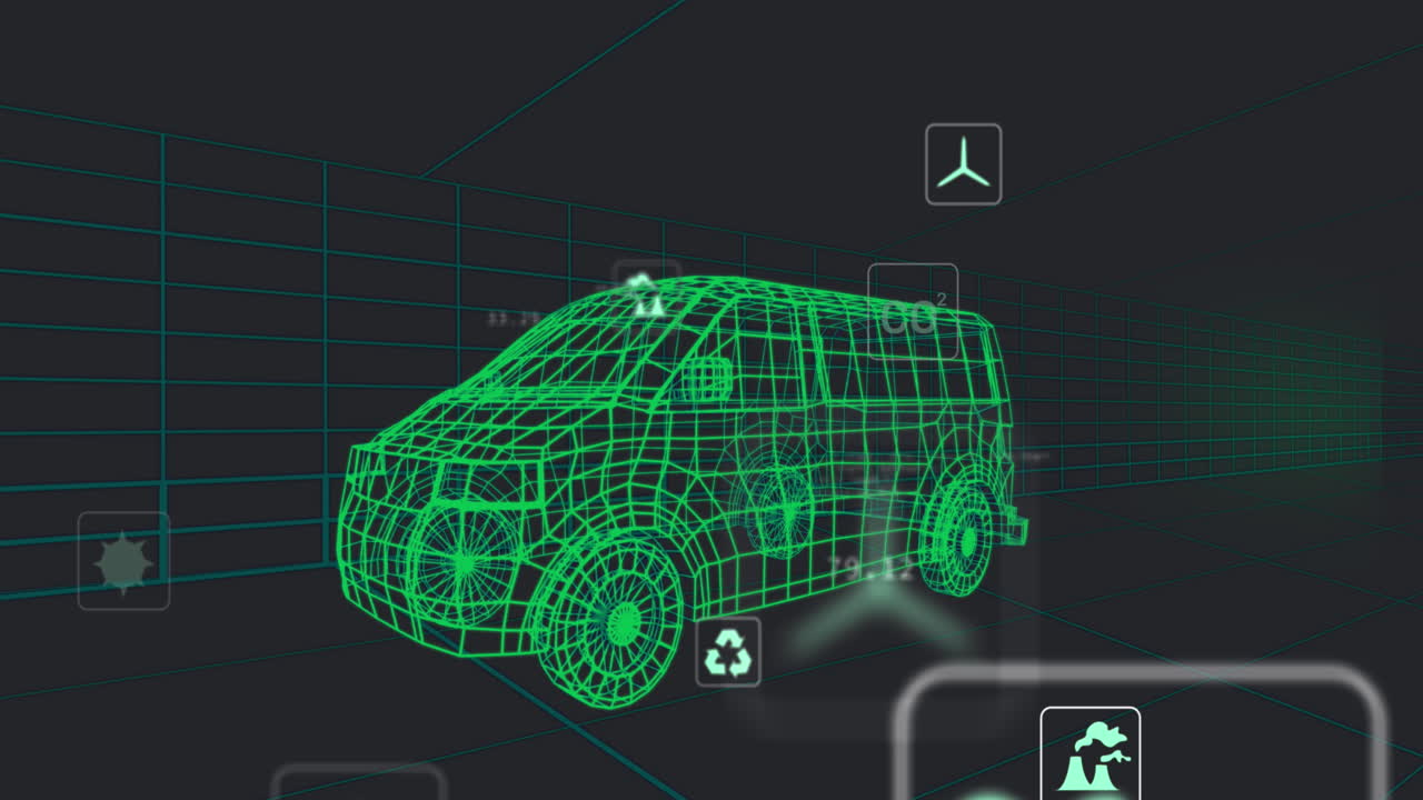 animación de la interfaz digital del coche y los iconos eco sobre el modelo 3d del coche