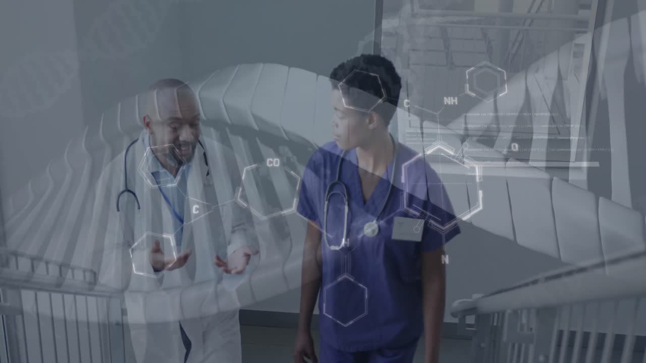 Animazione di filamento di DNA ed elaborazione di dati scientifici su diversi medici