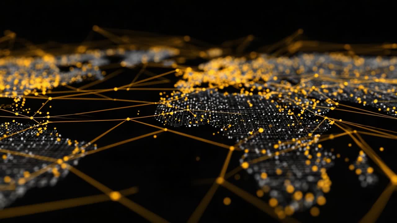 A Stunning Visualization of Global Connectivity Highlighting Complex Network Structures with Glowing Nodes and Interconnected Lines Across a World Map