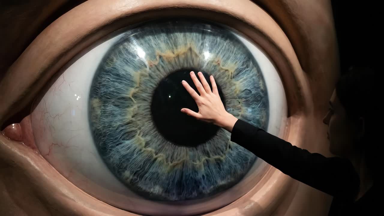 Mano che tocca un occhio umano gigante interattivo in una mostra