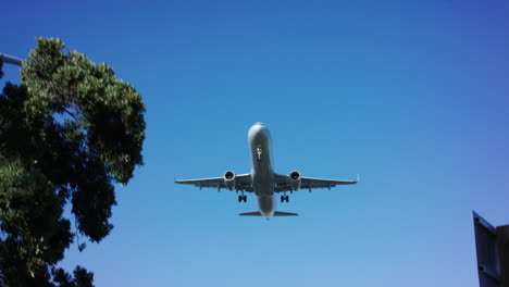 a big commercial airplane flies directly overhead as it approaches the airport at lax