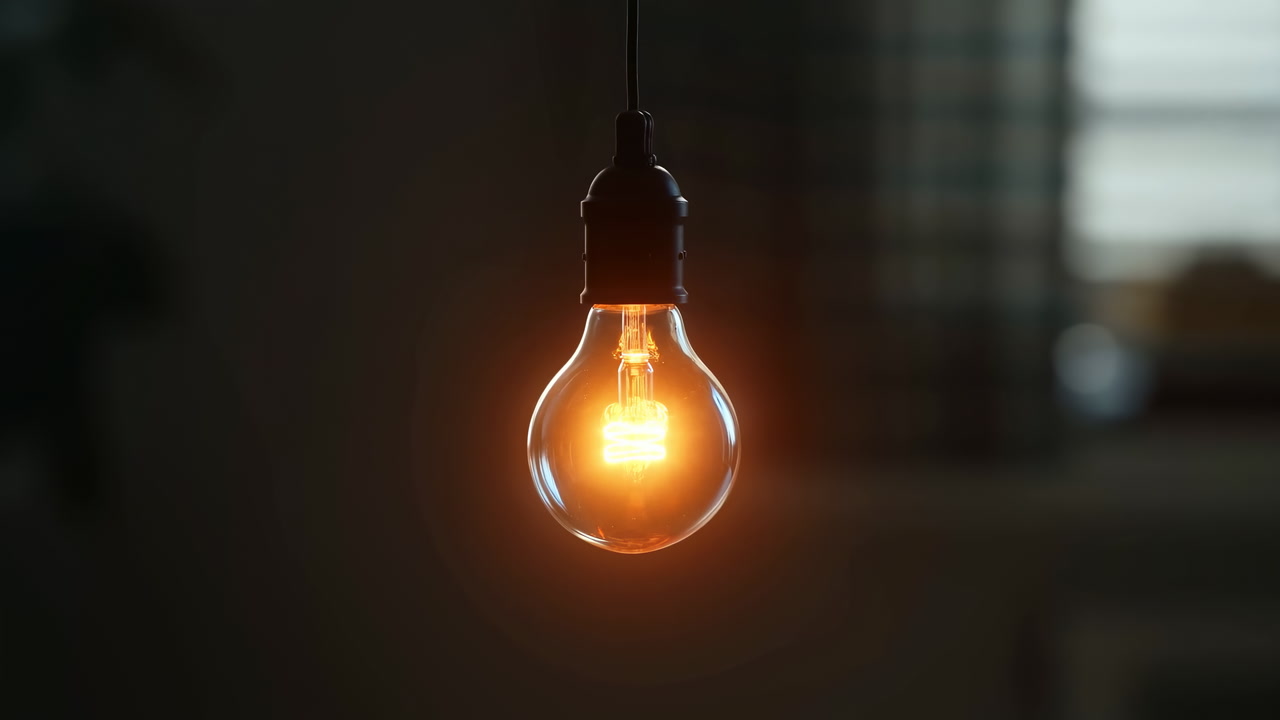 Hanging Bulb Warm Amber Glow, Soft Bokeh Background With Blurred Window Blinds, Suspended Pendant Emits