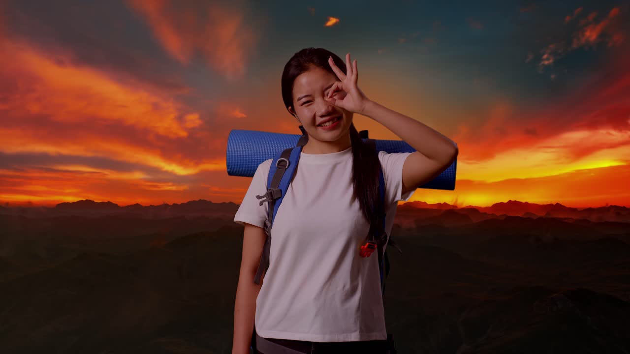 Donna felice che fa escursioni all'alba