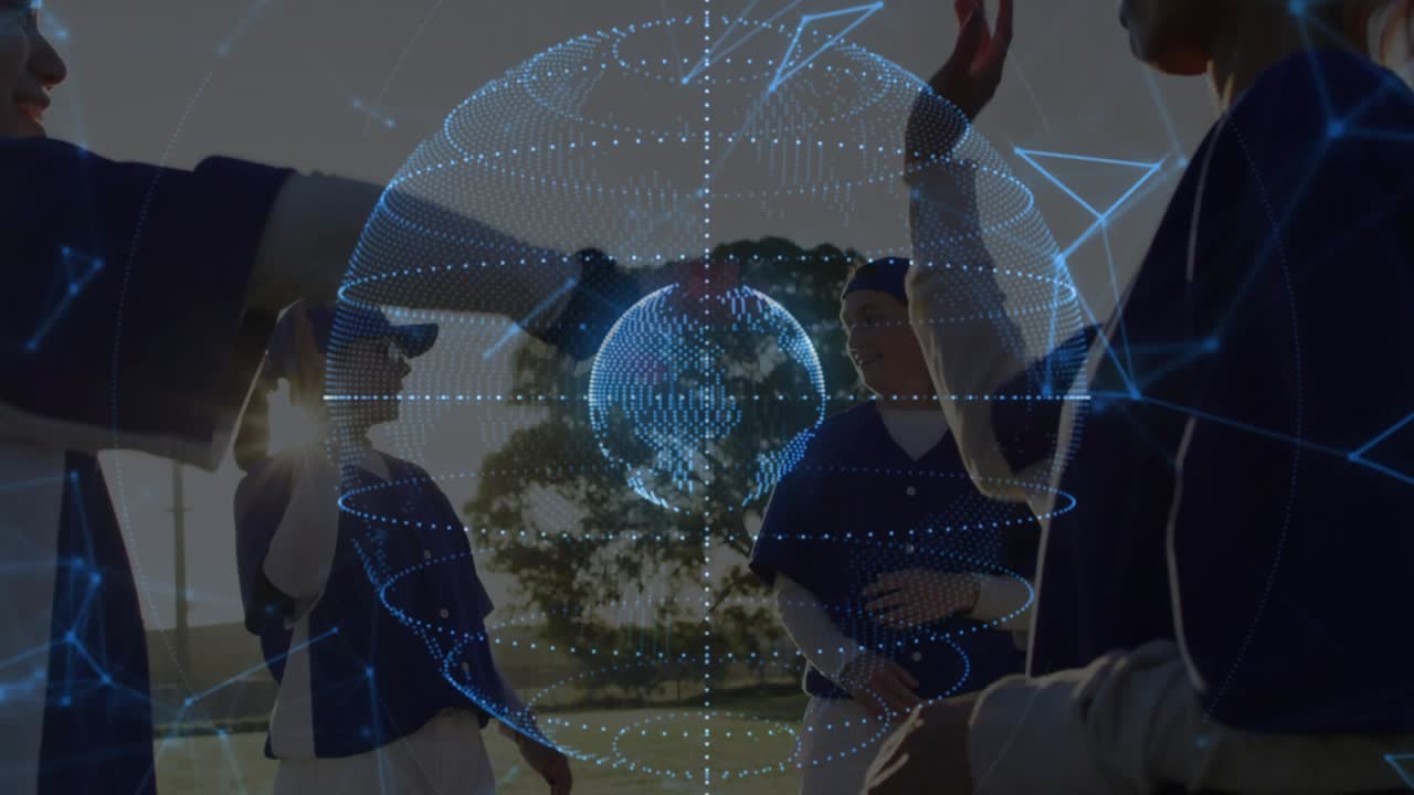 Player lifting hand, sparking sports team high-fiving while holo globe expanding, filling frame