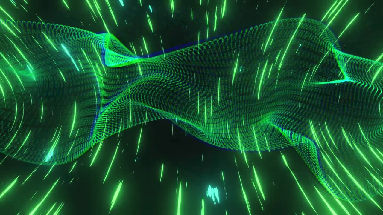 Animation of green glowing light trails spinning over digital wave against black background