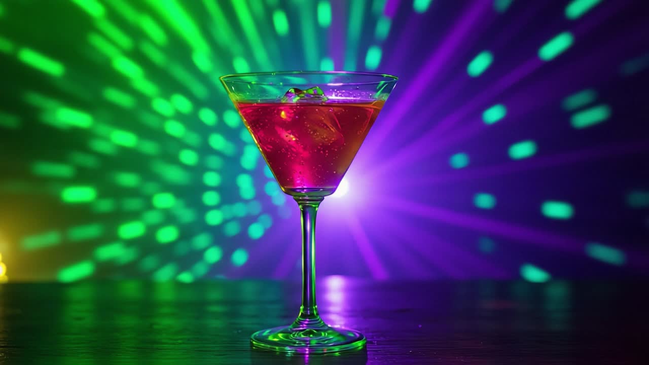 Un cóctel burbujeante en una copa de cristal entre rayos de luz coloridos, capturando la atmósfera vibrante de una noche de celebración y disfrute