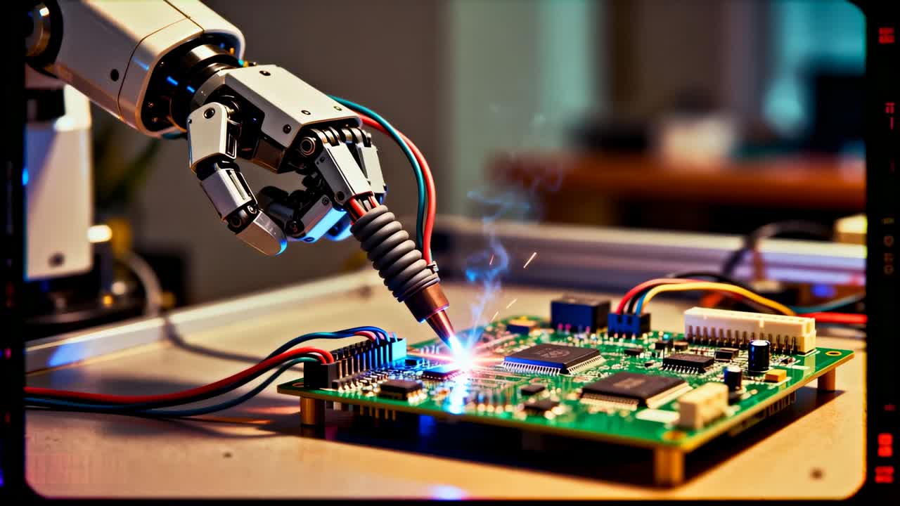 Nozzle activating, robotic manipulator soldering PCB at workshop bench for repair with smoke