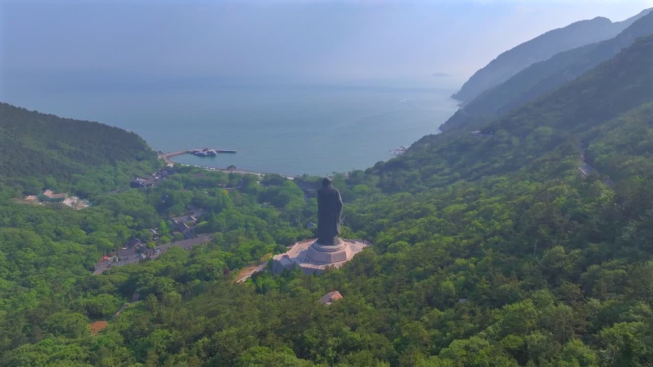 Aerial photography of the statue of Laozi in Taiqing Palace, Laoshan Mountain, Qingdao, China. The statue of Laozi, the founder of Chinese Taoism,