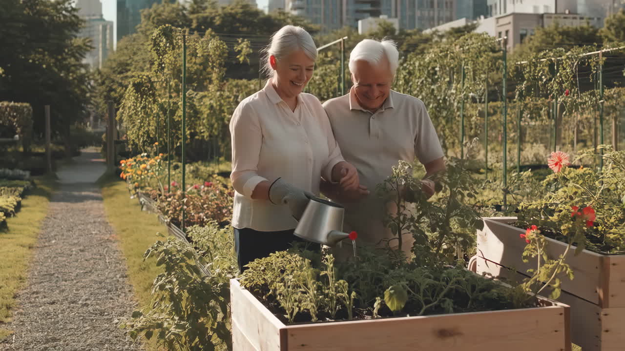 Elderly couple gardening in a community garden