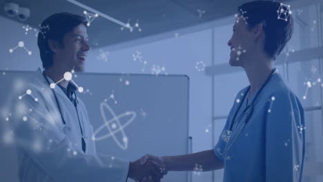 female nurse and male doctor shaking hands in clinic, with stethoscopes and molecular graphics