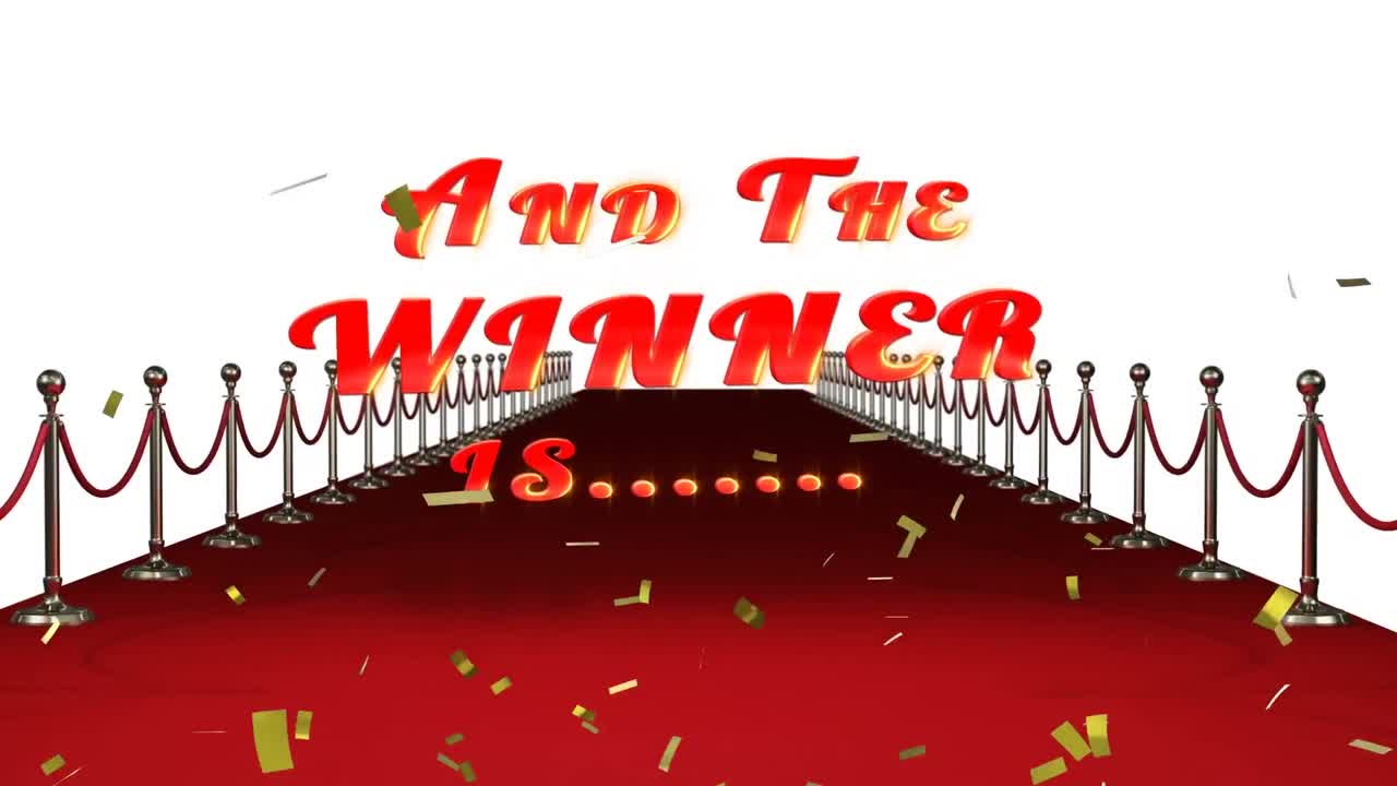 금색 콘페티의 애니메이션이 텍스트 위에, 그리고 우승자는, 빨간 카 ⁇  장소,  ⁇