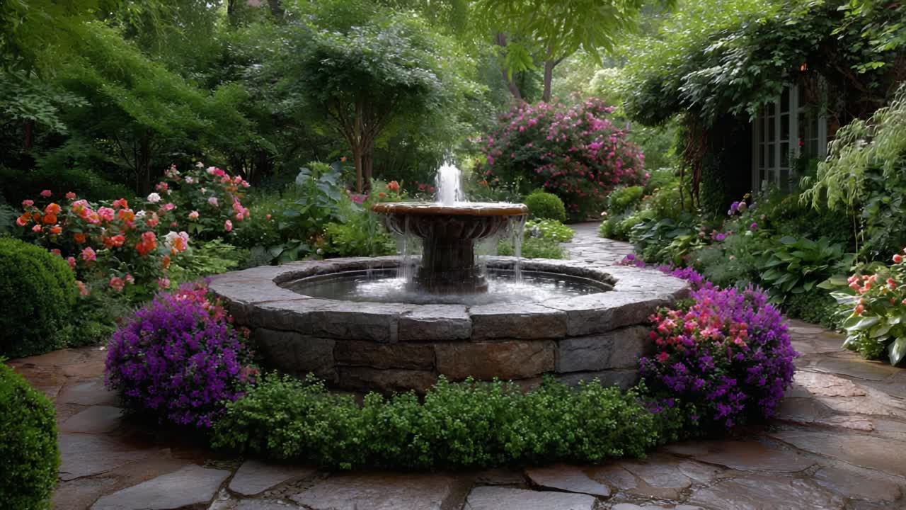Un'oasi di giardino tranquilla caratterizzata da una fontana in pietra, circondata da fioriture lussureggianti e colorate e da fogliame vibrante, che offre un rifugio sereno per gli amanti della natura.
