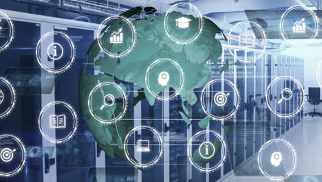 Animation-Von-Symbolen-In-Kreisen-Und-Rotierendem-Globus,-Diagrammen,-Radargeräten-über-Dem-Datenserverraum