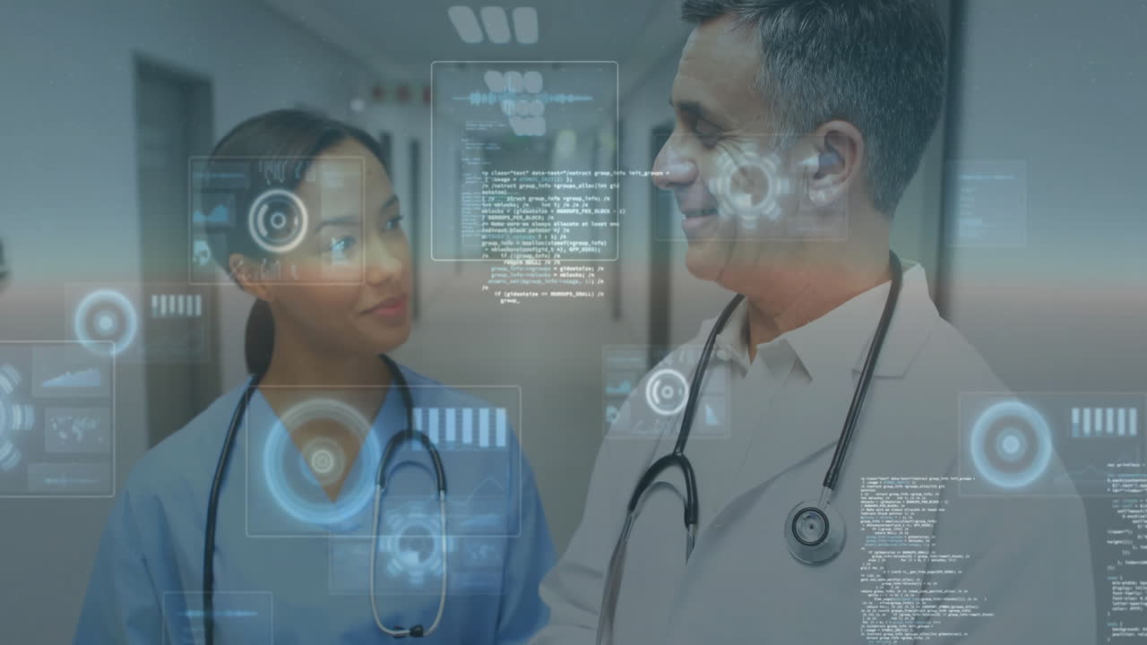 Processing medical data animation, healthcare discussing patient information in hospital