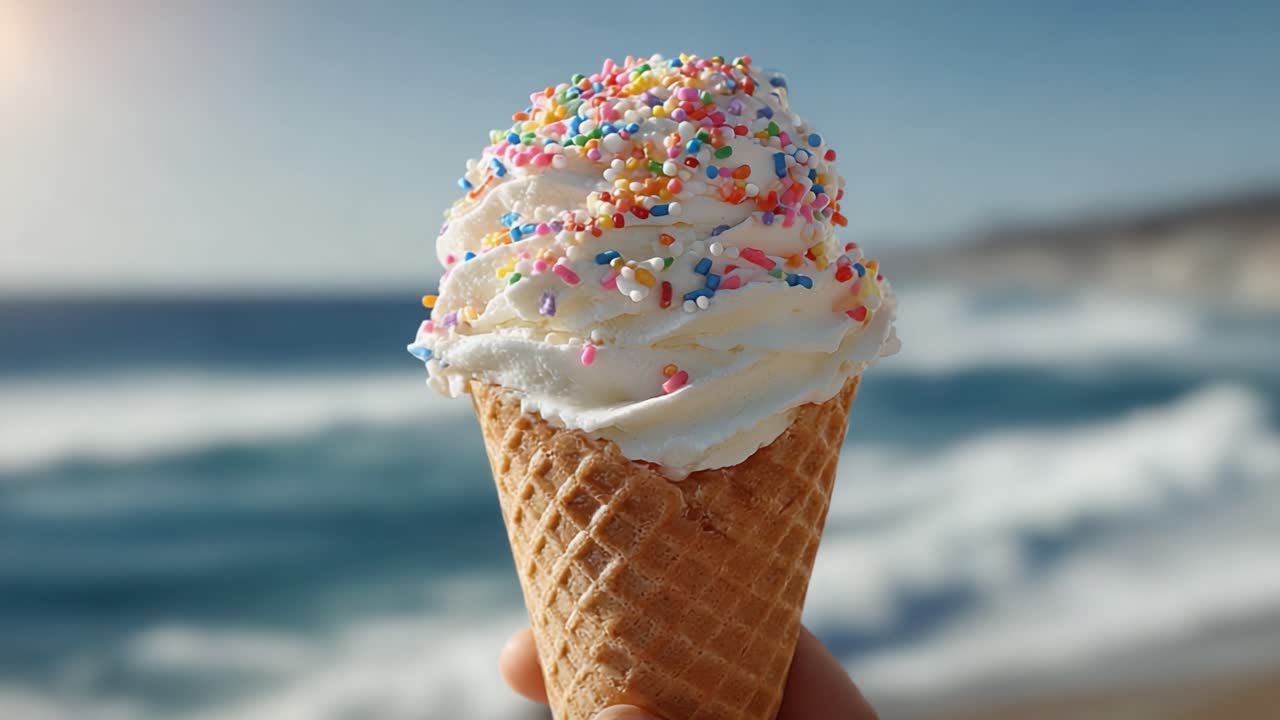 Heerlijk IJshoorntje Vastgelegd Tegen een Serene Oceaanachtergrond met Kleurrijke Hagelslag en Romige Textuur, Perfect voor een Verfrissende Zomertraktatie