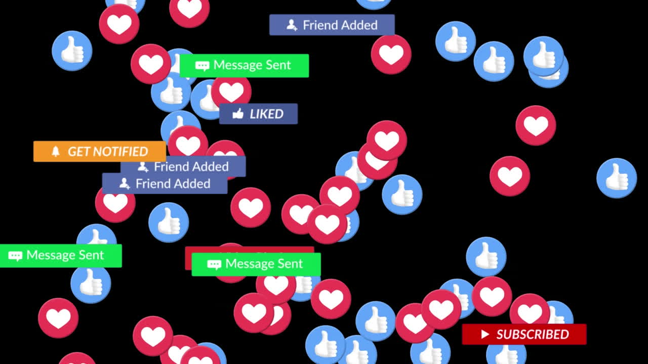 검은 바탕에 디지털 아이콘이 있는 배너에 있는 소셜 미디어 텍스트의 애니메이션